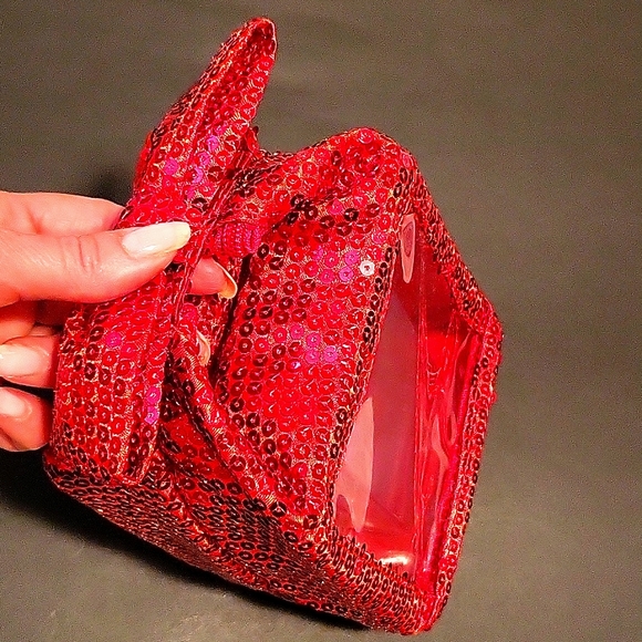 NEW Red Sequined Novelty Evening Clutch, Bow Handle, Transparent Sides, Bow - Picture 5 of 9